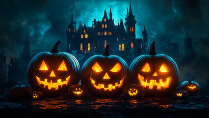 Glowing Jack o Lanterns set against a haunted castle