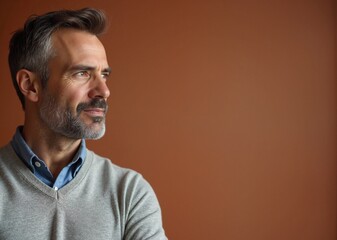 Obraz premium Mature Man with Thoughtful Expression Looking Away Against Brown Background with Copy Space