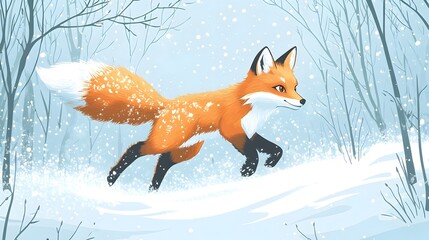 Obraz premium Stylized Fox Dashing Through a Snowy Forest Landscape During a Blizzard
