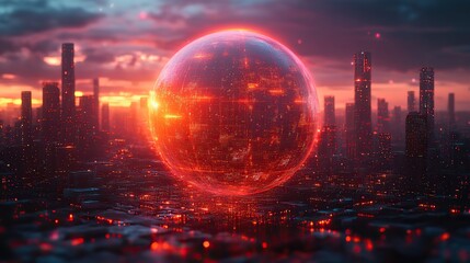 Fototapeta premium A digital transformation scene with a global hologram, blending sci-fi cyberpunk and information technology themes.