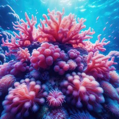 Obraz premium Beautiful pink corals underwater close up in blue water. Underwater world. photo
