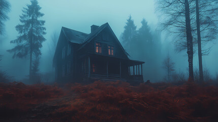 Obraz premium An old house in natural view.big mountain.An isolated mountain hut in the foggy forest.