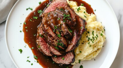 Delicious Top View of Roast Beef with Demi-Glace Gravy for Culinary Presentations