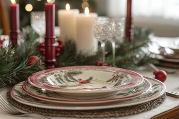 Naklejka premium Christmas table setting with candles and festive dinnerware decor
