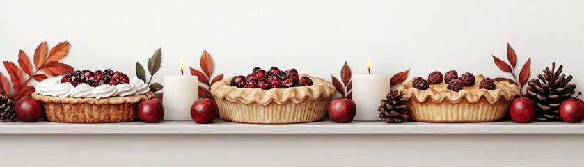 Three festive pies with garnishes on a white background.