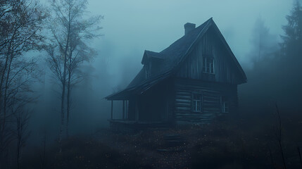 An old house in natural view.big mountain.An isolated mountain hut in the foggy forest.