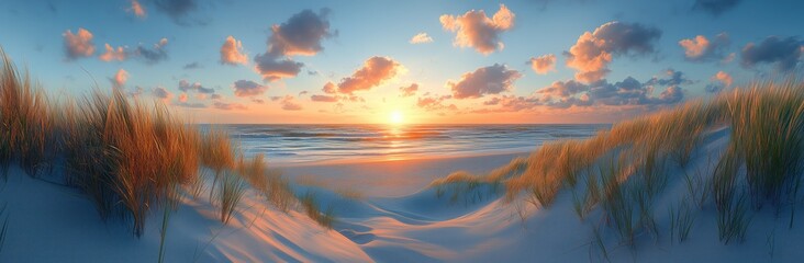 Sunset with tall grasses in sand dunes on the coastline