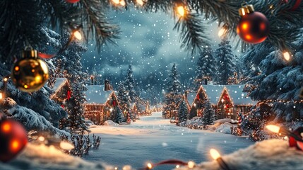 Peaceful winter village scene with snow-covered landscape and festive holiday lights..