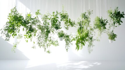 Obraz premium A Collection of Hanging Plants in White Pots and White Strings