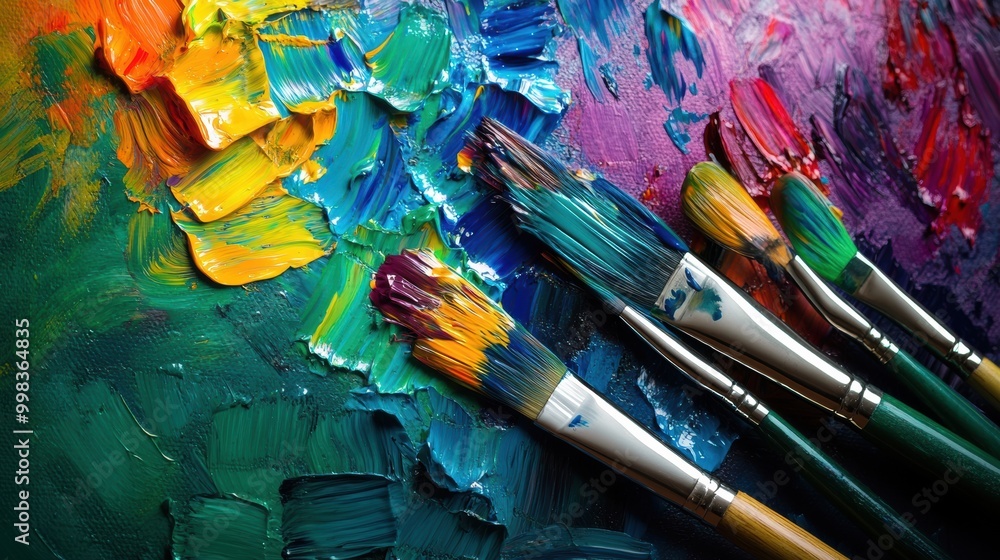 Poster a colorful array of paint splashes and various brushes rests on a canvas, illustrating vibrant artis