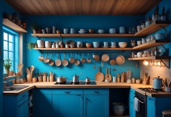 A cozy and rustic kitchen interior with wooden shelves, various cooking utensils and dishes, and a warm lighting setup