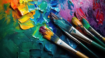 Obraz premium A colorful array of paint splashes and various brushes rests on a canvas, illustrating vibrant artistic expression and creativity. Generative AI