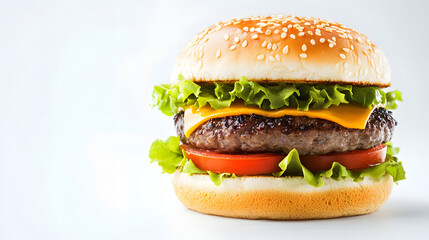 Delicious burger with grilled patty, fresh lettuce, ripe tomatoes, melted cheese in sesame seed bun, ideal for promotional use with ample space.