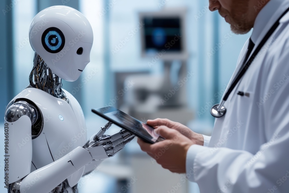 Poster a humanoid robot interacts with a doctor using a tablet in a medical setting.