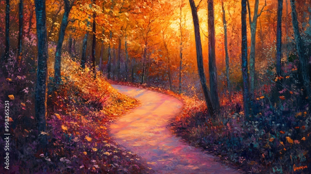 Poster a winding path through an autumn forest with golden light filtering through the trees.