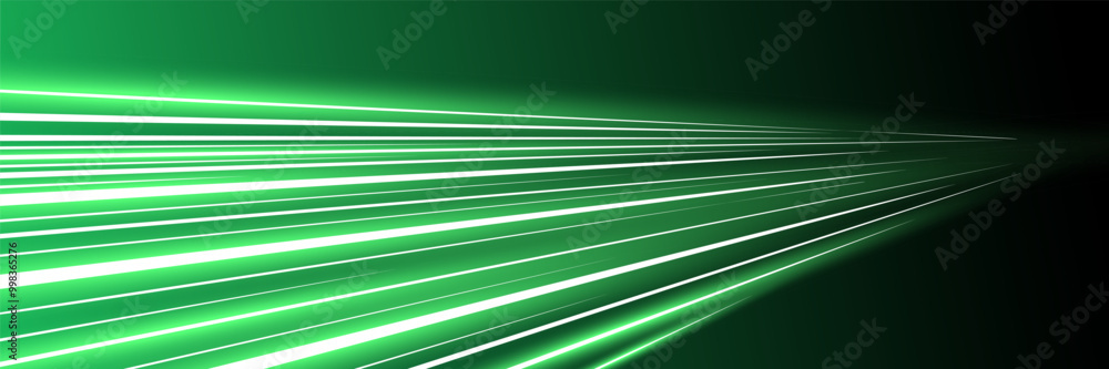 Poster motion luminous linear trails horizontal banner. high speed green glowing rays. abstract long time e