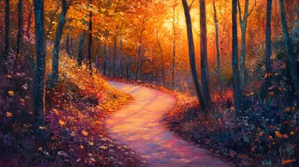 Fototapeta premium A winding path through an autumn forest with golden light filtering through the trees.