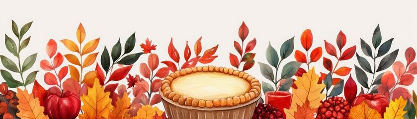 Pumpkin pie surrounded by autumn leaves on white background