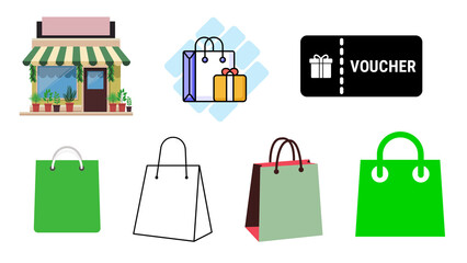 Colorful Shopping Bags with Gift Vouchers and Store Labels – Retail and Sale Concept, Shopping Bags with Gift Vouchers and Discount Labels – Retail Marketing Art, Paper Shopping Bags and Store Gift