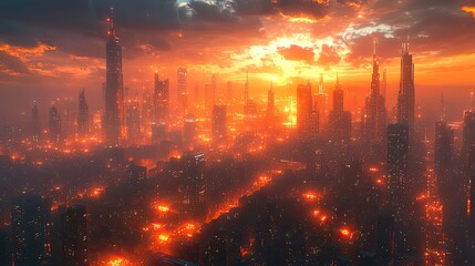 Fototapeta premium A futuristic cityscape at night features eco-friendly designs and glowing lights.