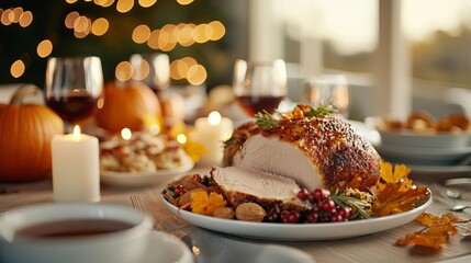Fototapeta premium Roasted turkey dinner with festive decorations, warm ambiance.