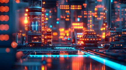 Obraz premium Futuristic urban landscape with glowing neon lights and intricate structures.
