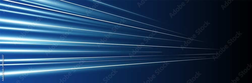 Poster motion luminous linear trails horizontal banner. high speed bright blue glowing rays. abstract long 