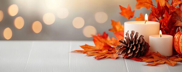 Candles, pine cone, and autumn leaves on a white surface.