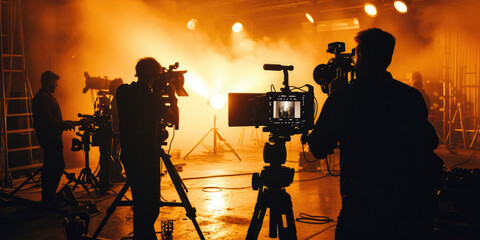 Fototapeta premium A group is on stage with cameras in front of a large screen