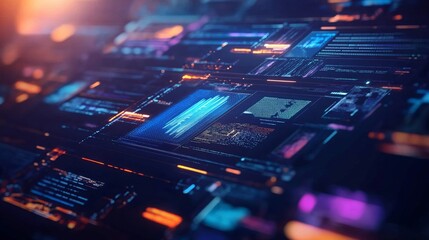 Abstract digital interface with data visualization elements.