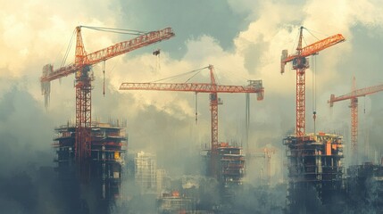 Construction Cranes against a Cloudy Sky Over Skyscrapers