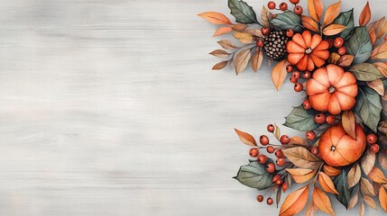 Autumn floral arrangement with pumpkins and leaves on a gray background.