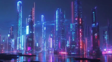 Fototapeta premium Futuristic cityscape with neon lights reflecting on water.