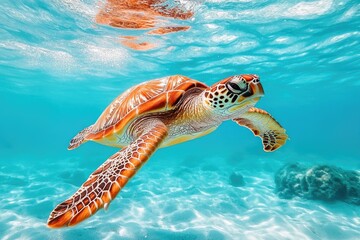Fototapeta premium A sea turtle swims in the ocean. The image is perfect for projects about marine life, travel, or nature.