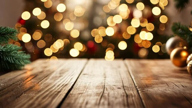 A scene featuring an empty wooden table top with a blurred Christmas background.