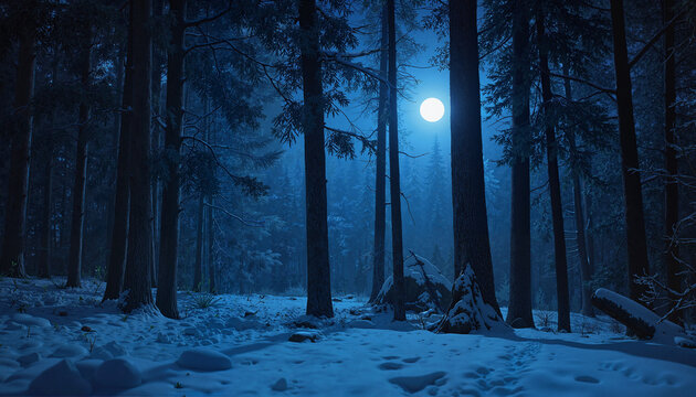 Mystical winter forest at night, moonlight shining through trees, with snow covering ground