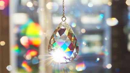 This teardrop-shaped crystal suncatcher, with its brilliant rainbow hues, invites positive energy into your home. It harnesses sunlight, creating a dazzling spectacle that enhances Feng Shui