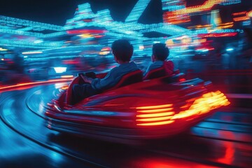 Two people in a bumper car at an amusement park. Blurred lights and motion create a fun, energetic mood.