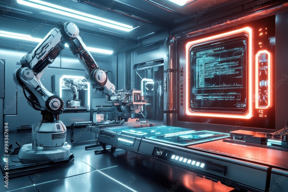 Poster the robotic arm meticulously constructs complex machinery in a sleek, modern lab filled with illumin