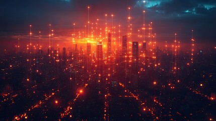 Fototapeta premium A futuristic innovation concept involving wireless networks and connections with an abstract cityscape backdrop.