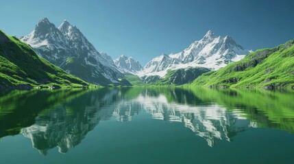 Fototapeta premium clear mountain lake with a reflection of snowy peaks, captured against a green screen