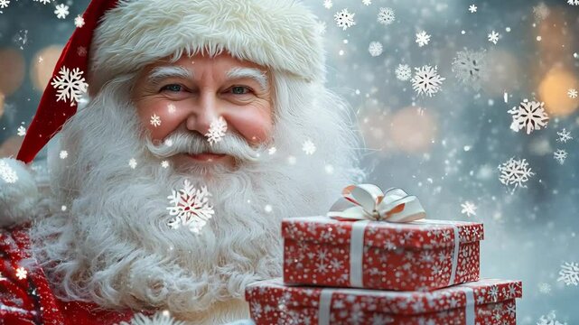 Santa Claus wearing his red suit is holding a stack of red and white gift boxes in his hands.