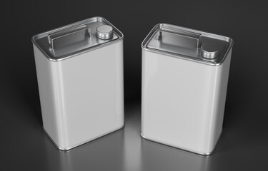 Metal tin cans mockup rectangular shape with screw cap and handle. 3d illustration on dark background