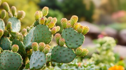 Cacti with growing pads thrive in a vibrant garden setting during warm sunlight, showcasing nature's resilience and beauty