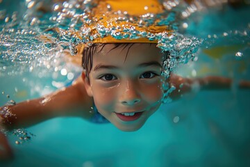 Smiling boy underwater in pool. Perfect for websites and social media promoting swimming lessons.