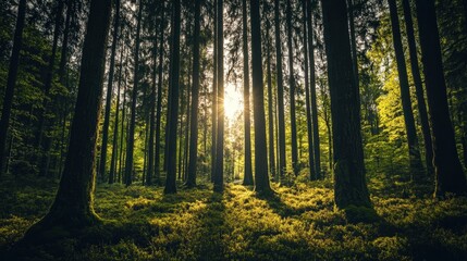 Obraz premium forest with a striking contrast of dark, dense trees and a bright, clear sky.