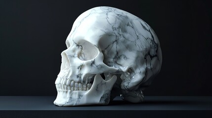 Side view of a human skull in stark lighting against a black background