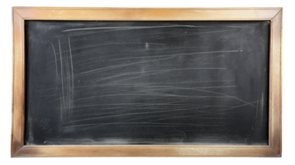 A chalkboard isolated on a transparent background, wooden frame, vintage style, flat lay.