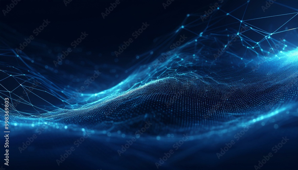 Poster cyber big data flow. blockchain data fields. network line connects to stream. concept of ai technolo
