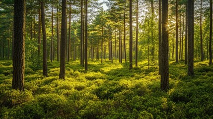 Obraz premium lush pine forest in the height of summer.